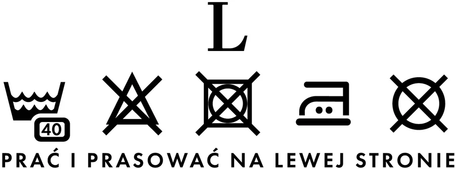 Size L care label: washing symbols and the words “wash and iron inside out” in Polish