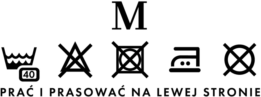 Size M care label: washing symbols and the words “wash and iron inside out” in Polish