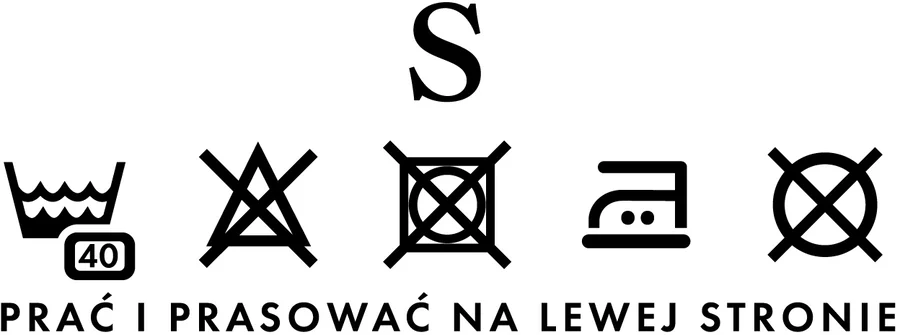 Size S care label: washing symbols and the words “wash and iron inside out” in Polish