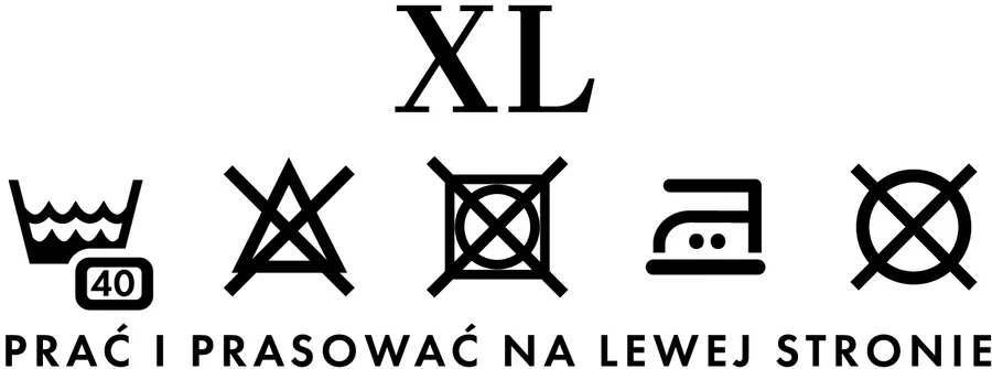 Size XL care label: washing symbols and the words “wash and iron inside out” in Polish