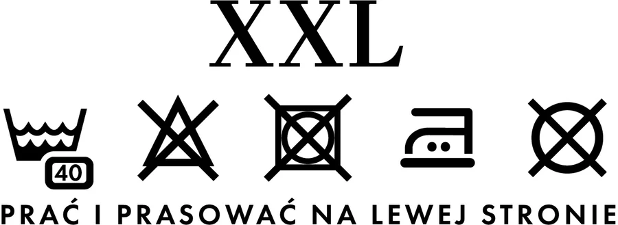 Size XXL care label: washing symbols and the words “wash and iron inside out” in Polish