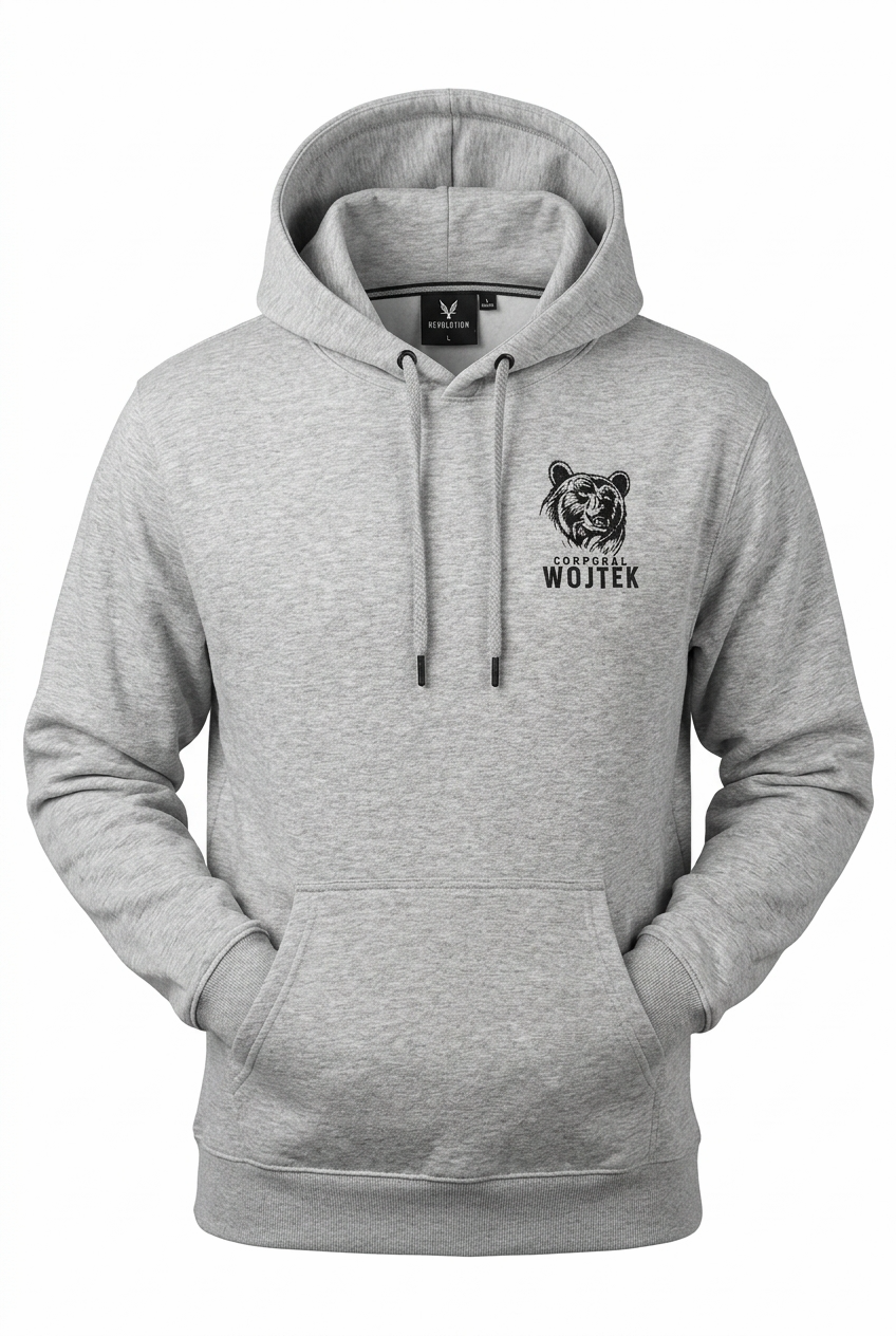 Back of the grey Corporal Wojtek T-shirt with the bear engraving, next to the folded front with the small chest mark.